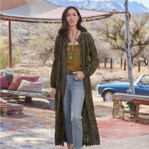 Sundance Delila Eyelet Duster Jacket Kimono PM Army Green Boho Festival